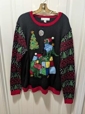 Jolly Sweaters UGLY CHRISTMAS SWEATER Holiday Black DISCO T-REX Men's XXL